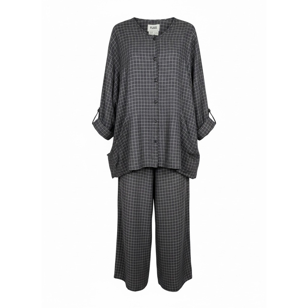FLAX Linen Grid Print Button Down Tunic Shirt & Wide Leg Pants Set L Top M Pants
